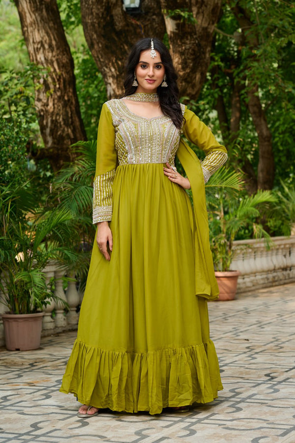 Green Color Embroidery Beads Sequins Work Designer Gown