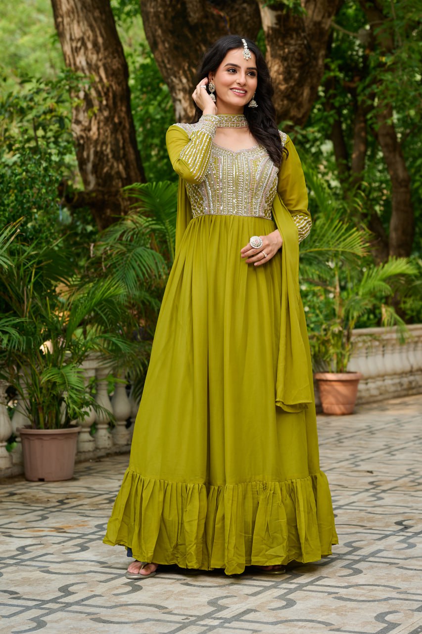 Green Color Embroidery Beads Sequins Work Designer Gown