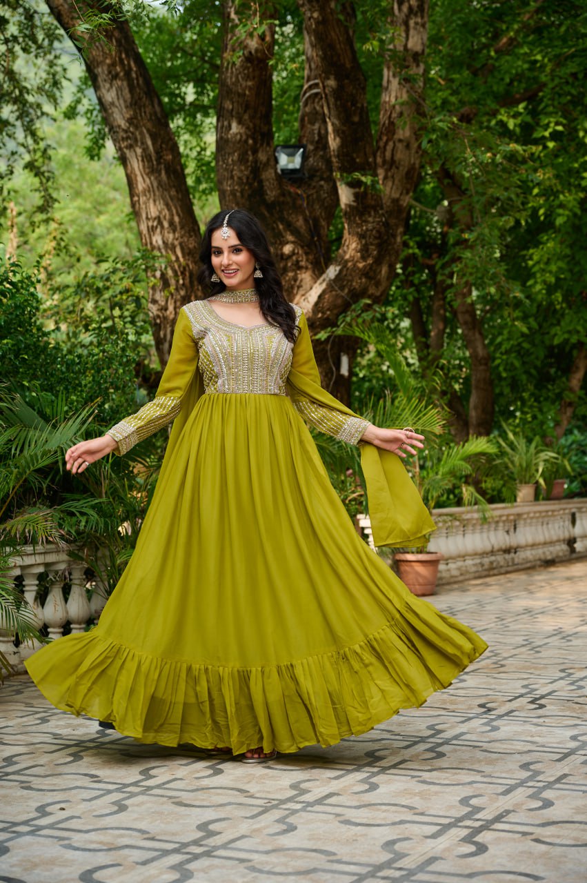 Green Color Embroidery Beads Sequins Work Designer Gown