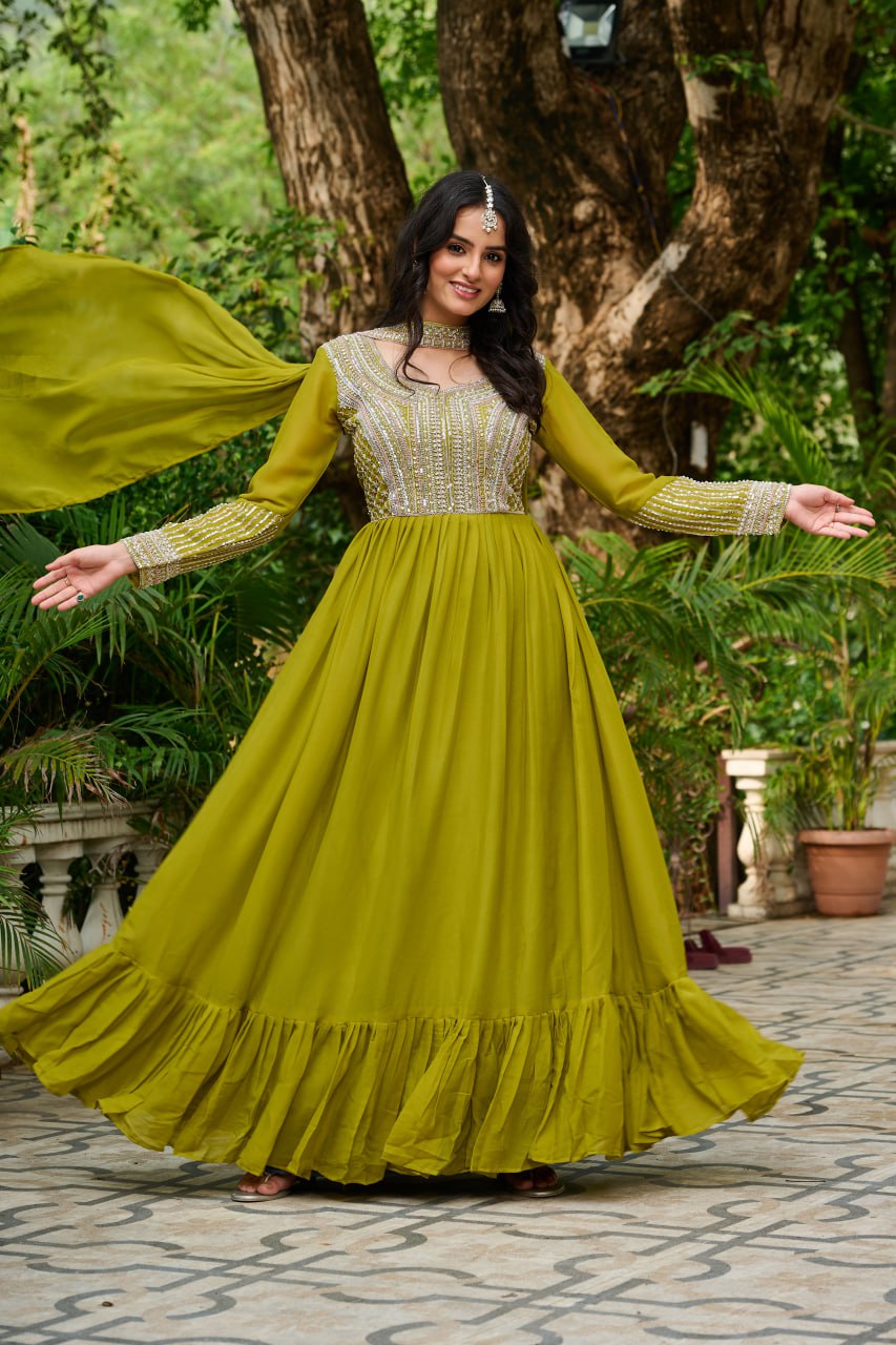 Green Color Embroidery Beads Sequins Work Designer Gown