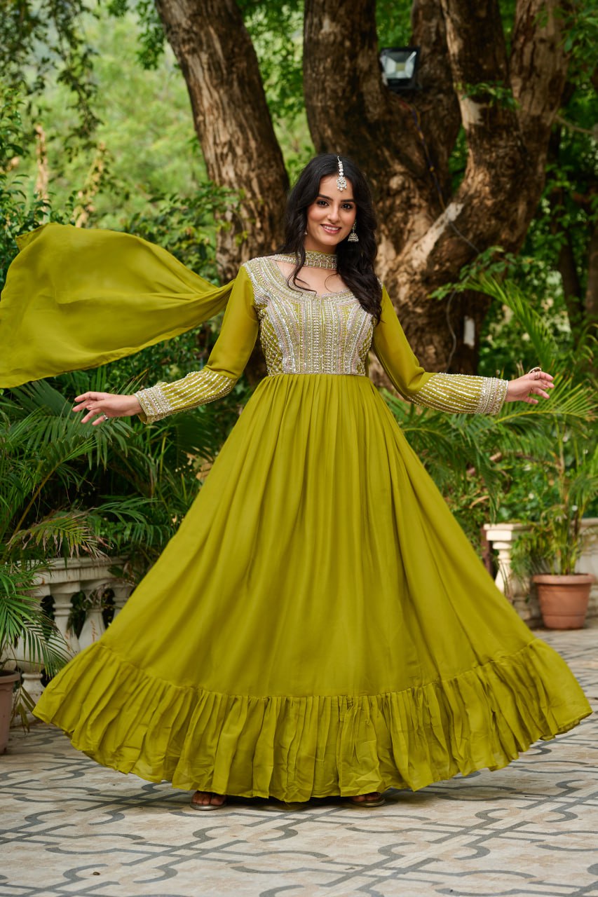 Green Color Embroidery Beads Sequins Work Designer Gown