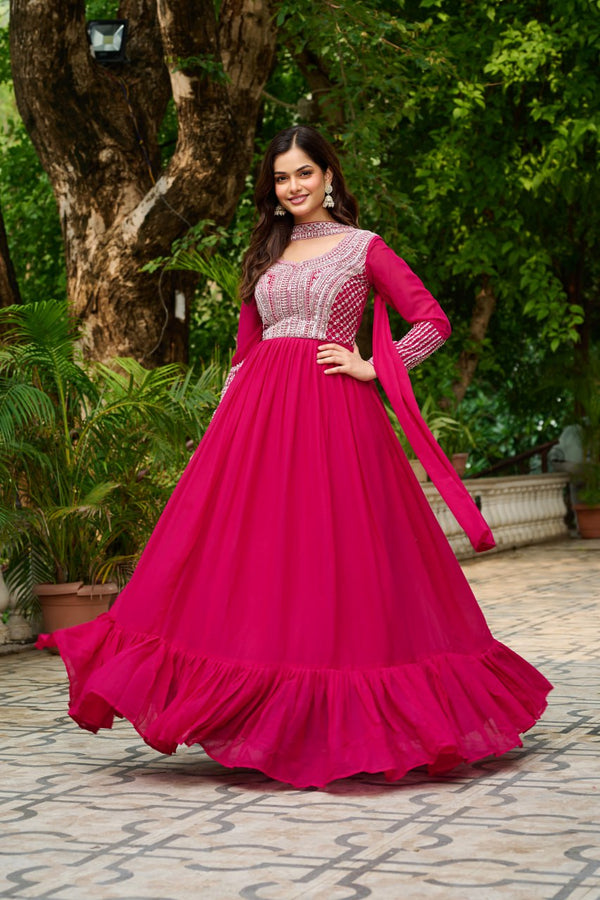 Pink Color Embroidery Beads Sequins Work Designer Gown