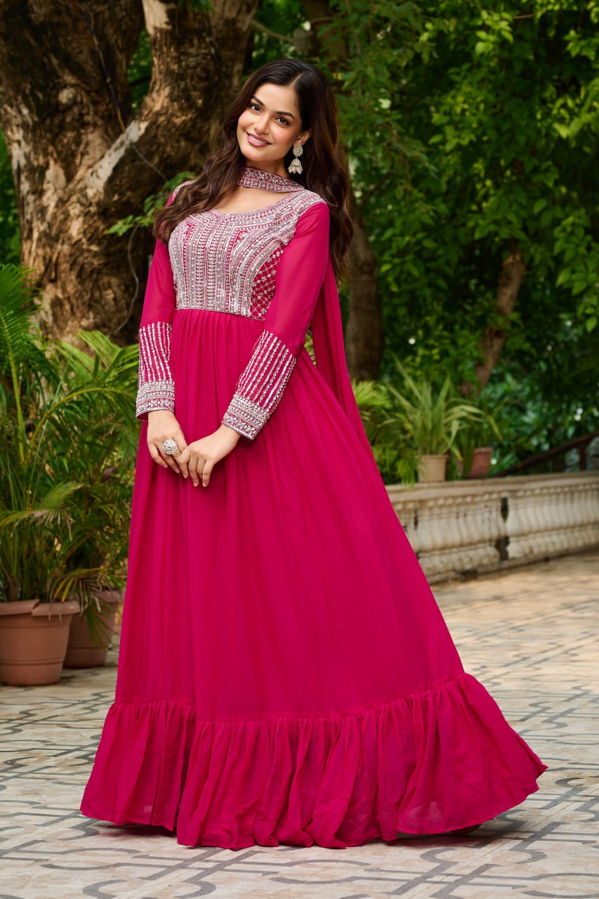 Pink Color Embroidery Beads Sequins Work Designer Gown