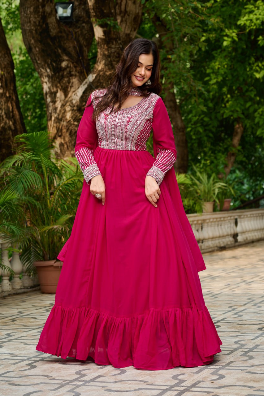 Pink Color Embroidery Beads Sequins Work Designer Gown