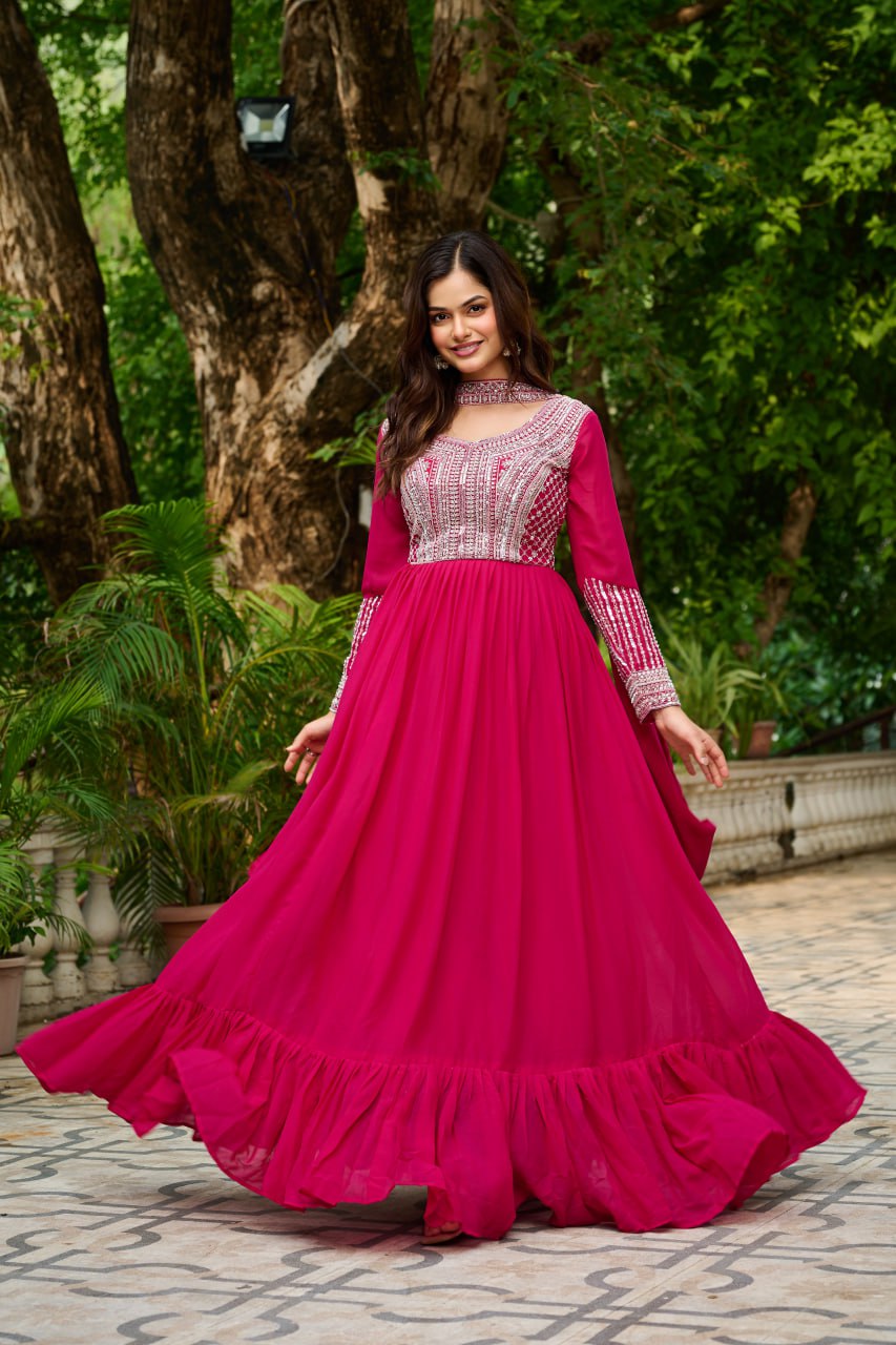 Pink Color Embroidery Beads Sequins Work Designer Gown