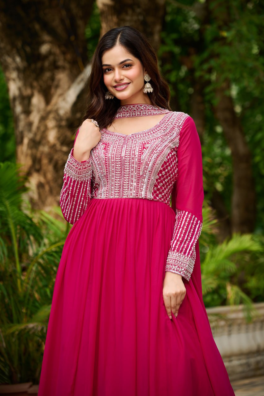 Pink Color Embroidery Beads Sequins Work Designer Gown