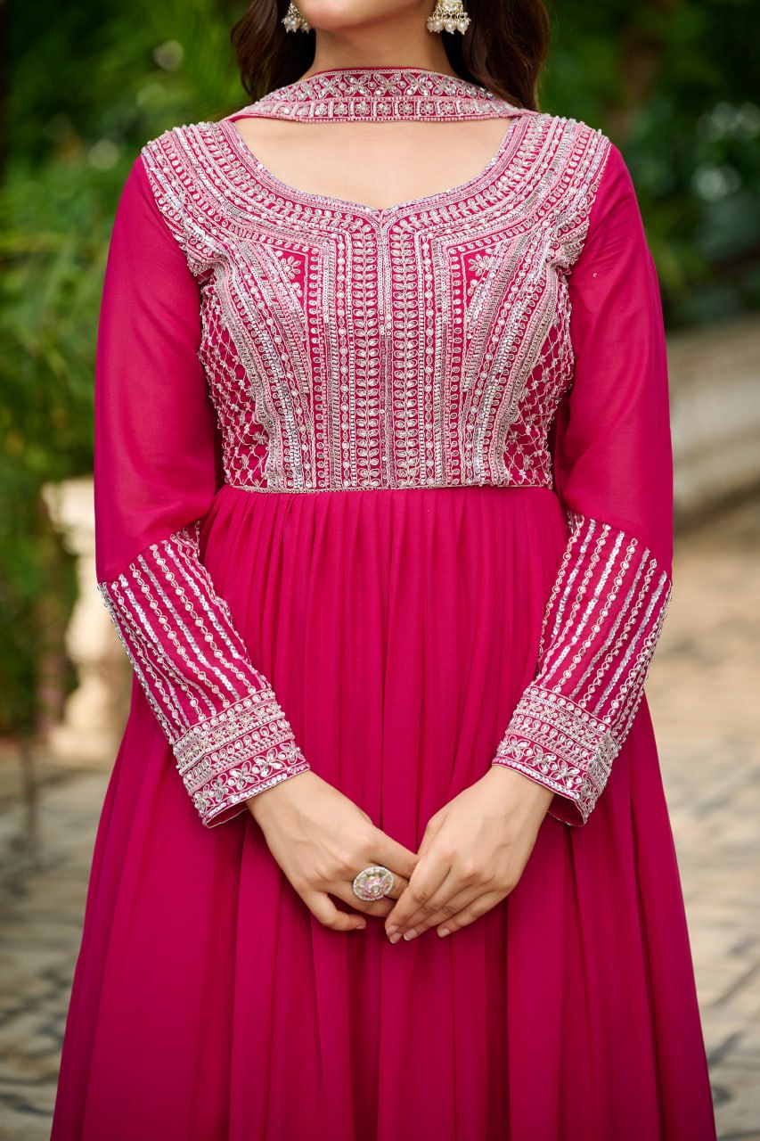 Pink Color Embroidery Beads Sequins Work Designer Gown