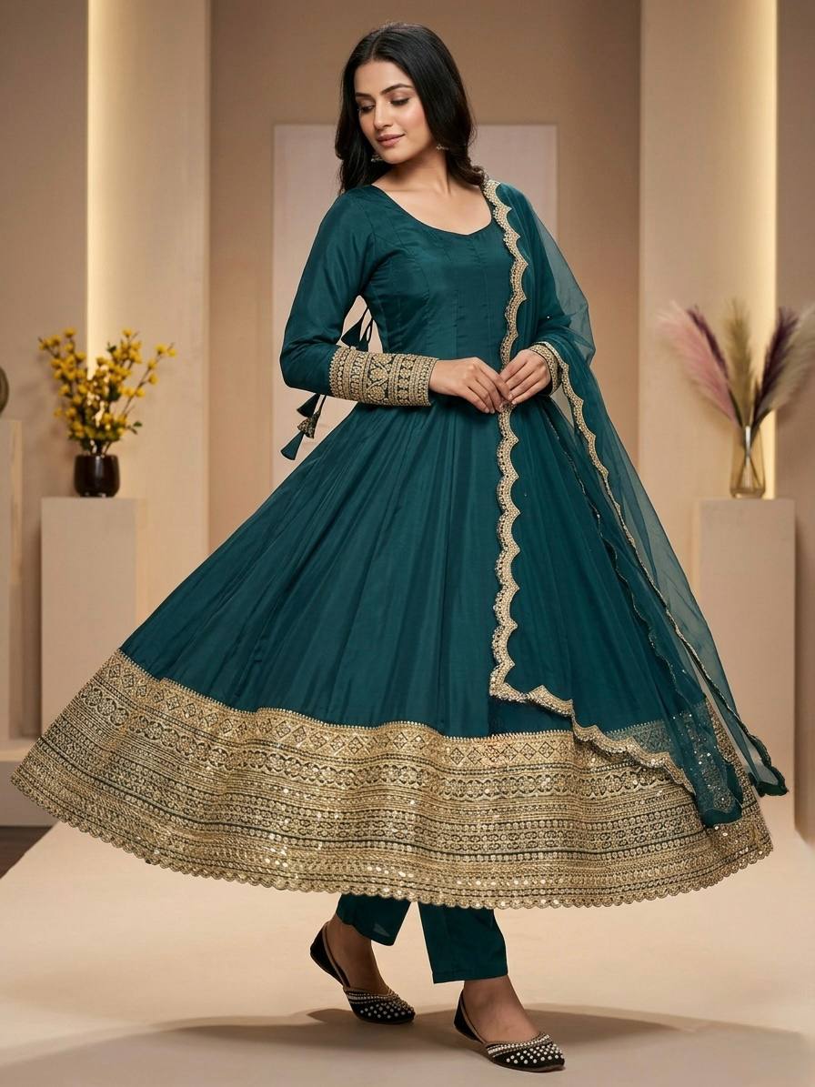 Arti Chauhan Wear Teal Green Color Sequence Cording Embroidered Anarka ...