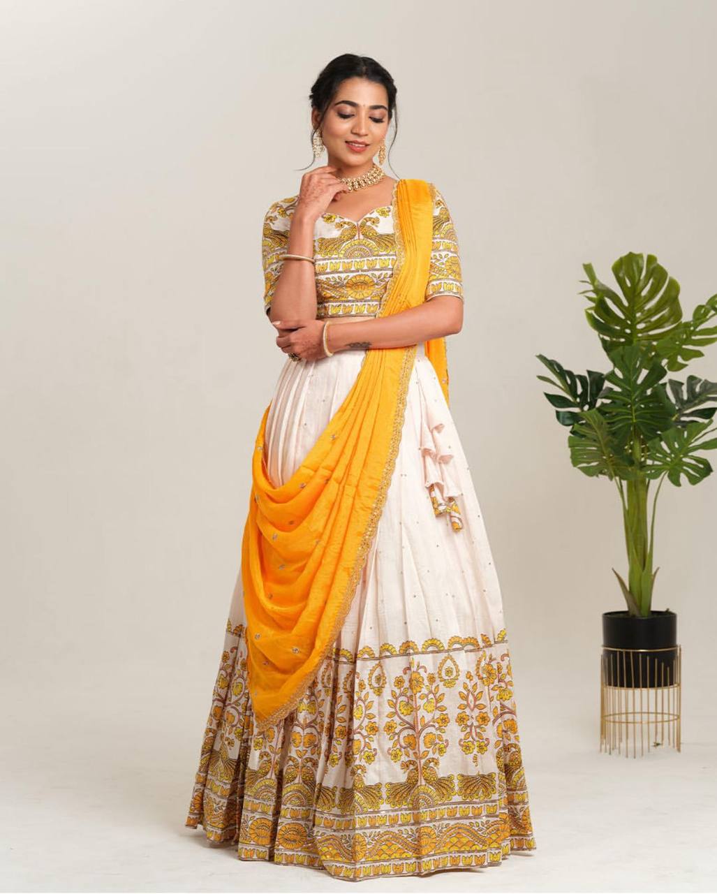 Exclusive Yellow Color Cotton With Kalamkari Printed Designer Lehenga Choli