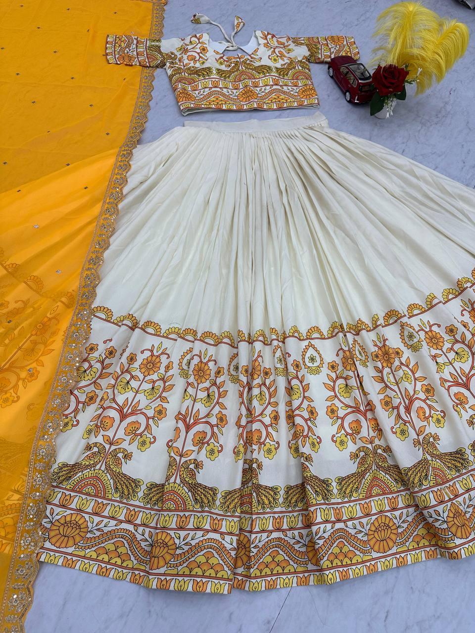 Exclusive Yellow Color Cotton With Kalamkari Printed Designer Lehenga Choli