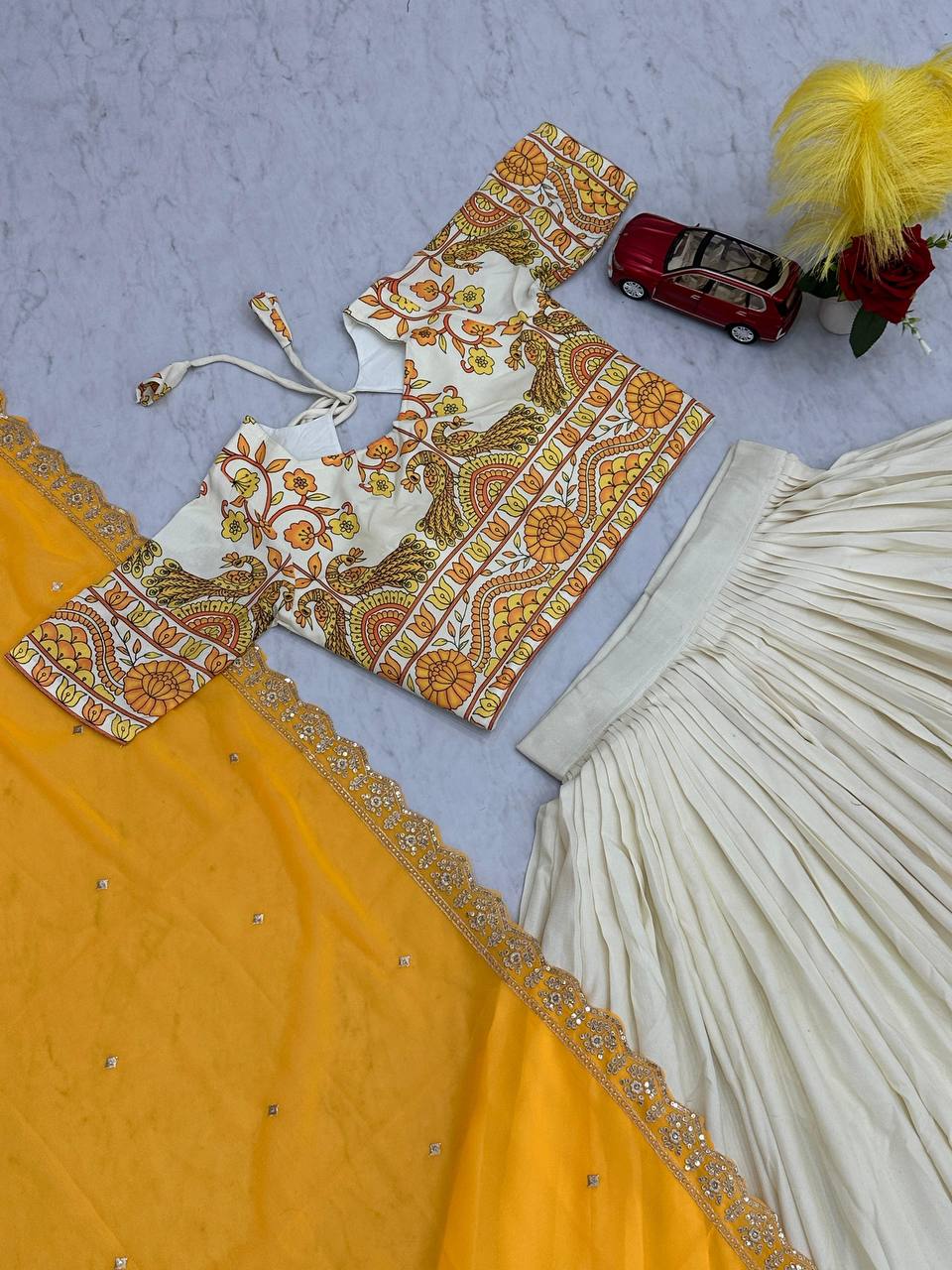 Exclusive Yellow Color Cotton With Kalamkari Printed Designer Lehenga Choli