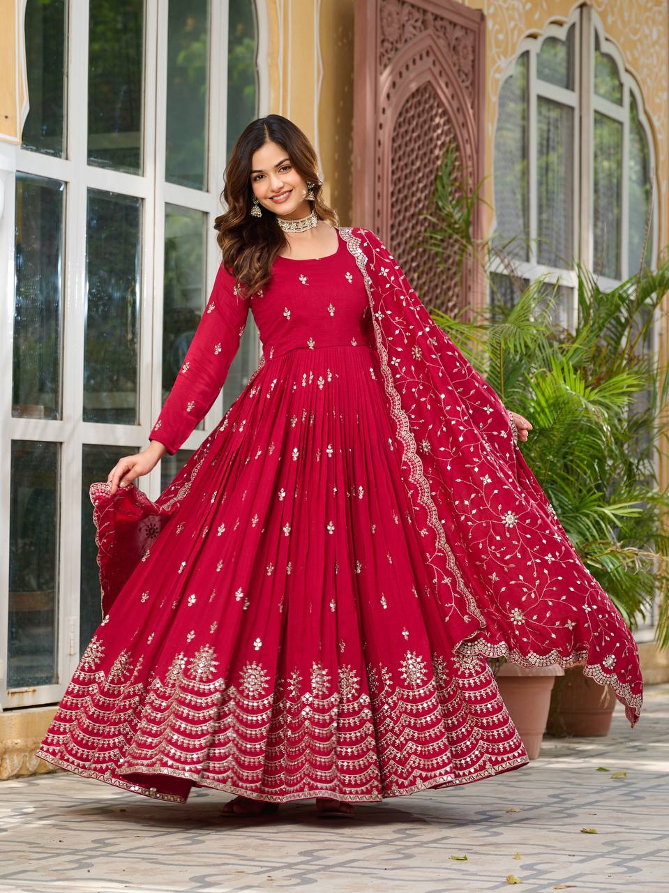 Ceremony Wear Rose Red Color Pure Vichitra Silk And Sequence Embroidery Work Gown