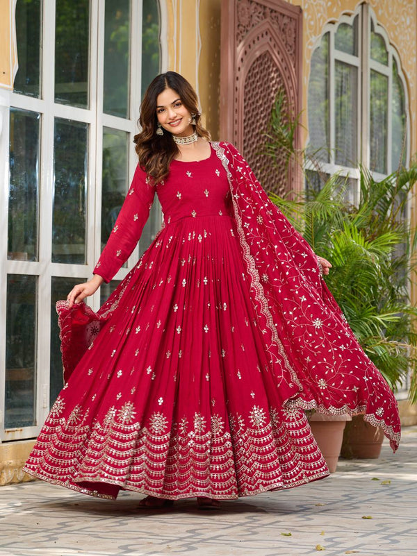 Ceremony Wear Rose Red Color Pure Vichitra Silk And Sequence Embroidery Work Gown
