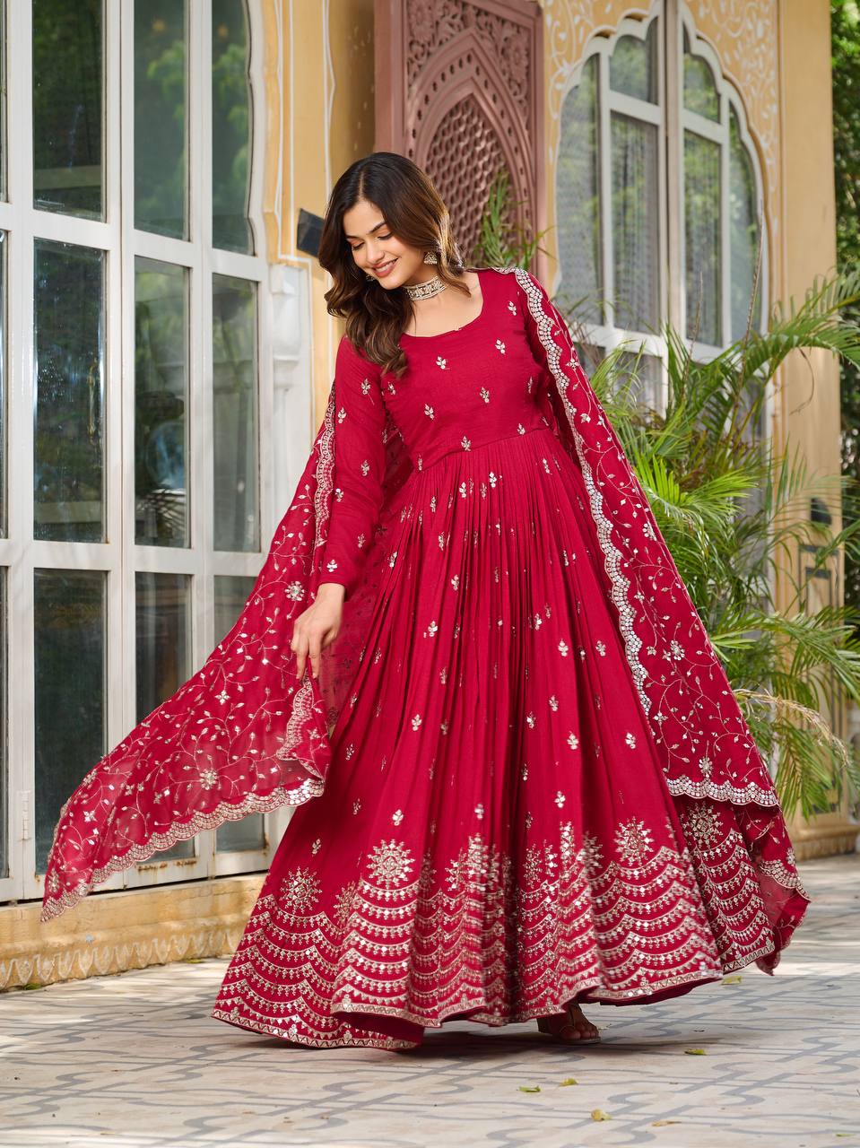 Ceremony Wear Rose Red Color Pure Vichitra Silk And Sequence Embroidery Work Gown