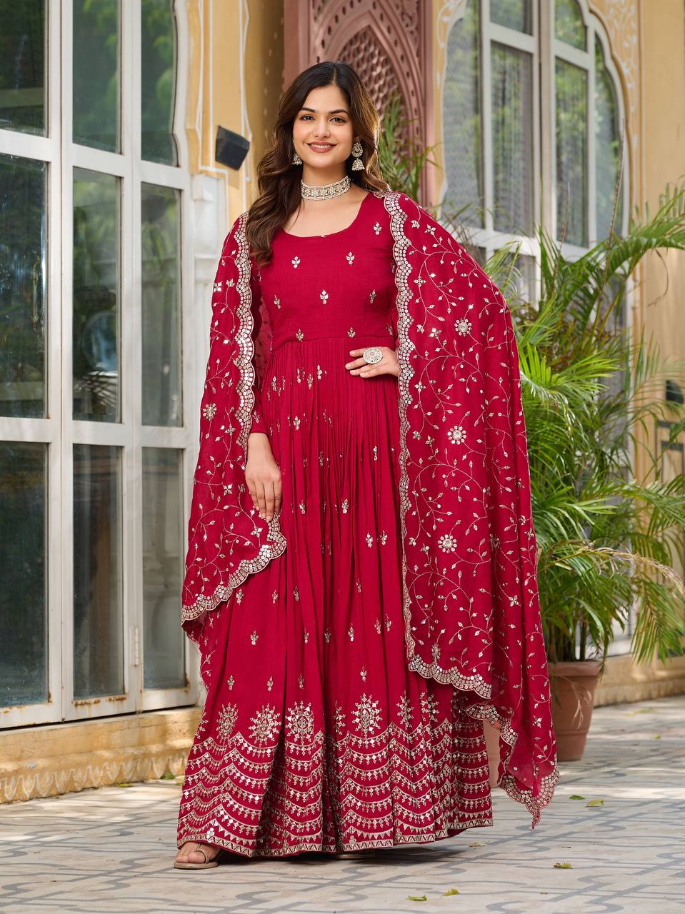 Ceremony Wear Rose Red Color Pure Vichitra Silk And Sequence Embroidery Work Gown