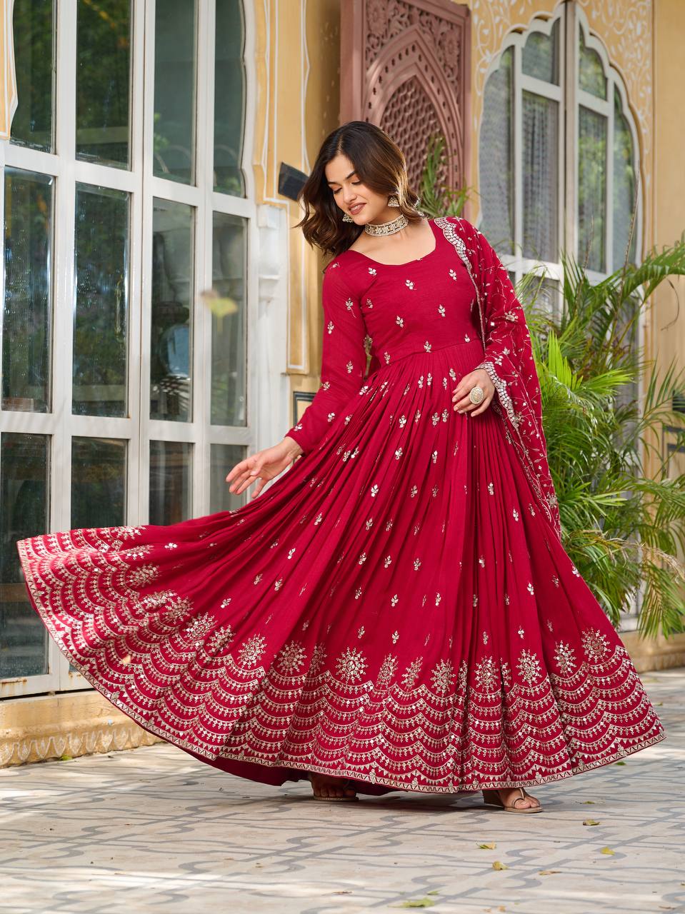 Ceremony Wear Rose Red Color Pure Vichitra Silk And Sequence Embroidery Work Gown