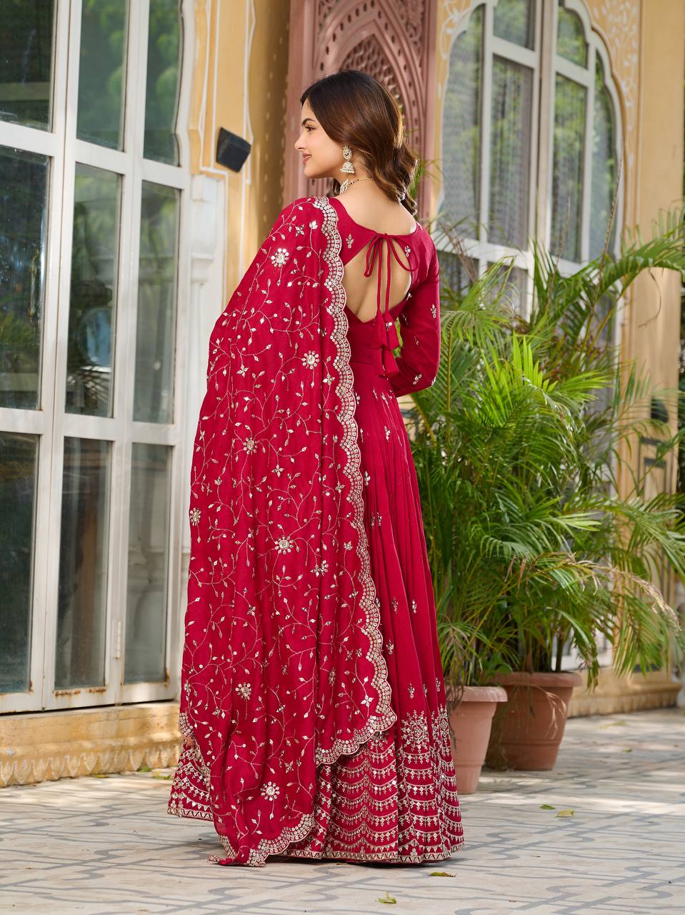 Ceremony Wear Rose Red Color Pure Vichitra Silk And Sequence Embroidery Work Gown