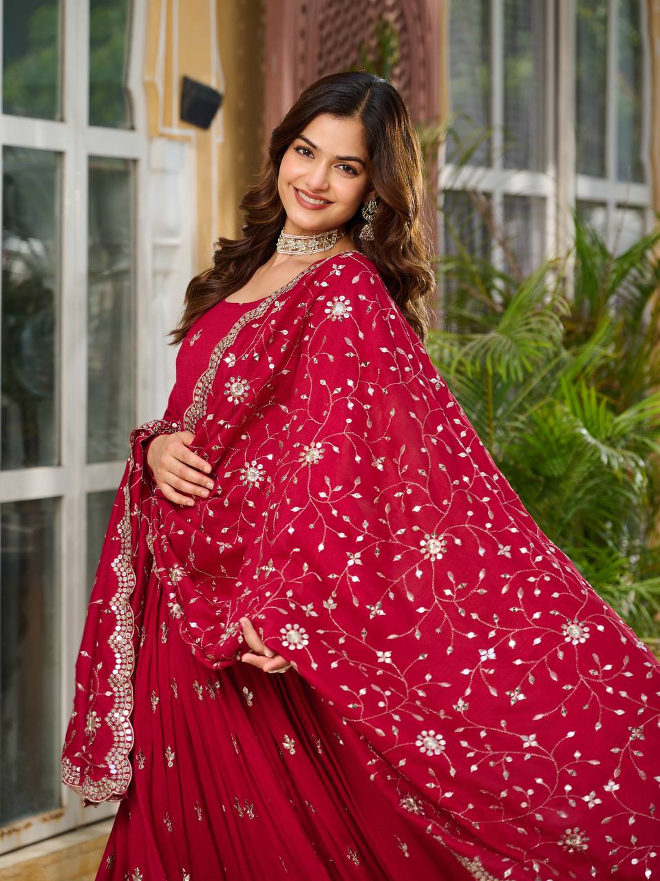 Ceremony Wear Rose Red Color Pure Vichitra Silk And Sequence Embroidery Work Gown