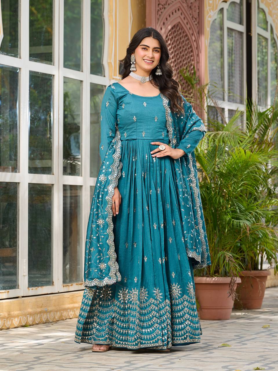 Ceremony Wear Teal Green Color Pure Vichitra Silk And Sequence Embroidery Work Gown