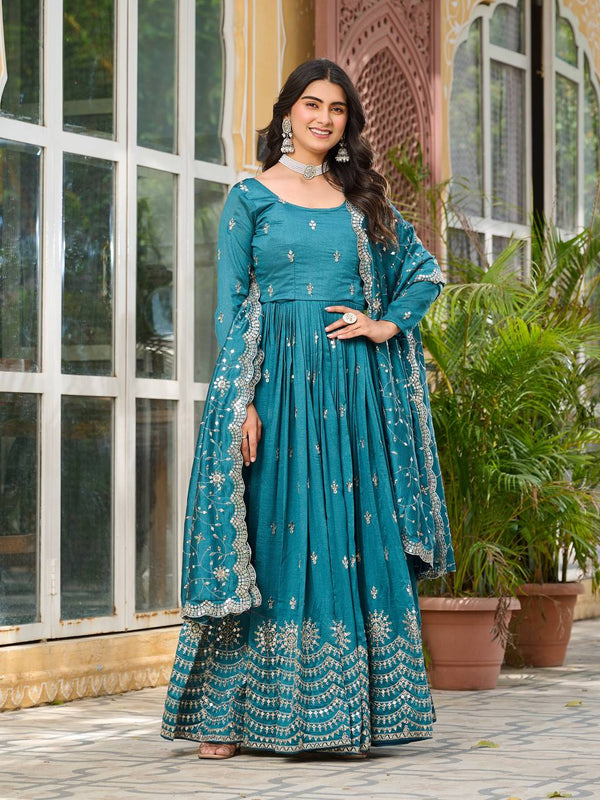 Ceremony Wear Teal Green Color Pure Vichitra Silk And Sequence Embroidery Work Gown