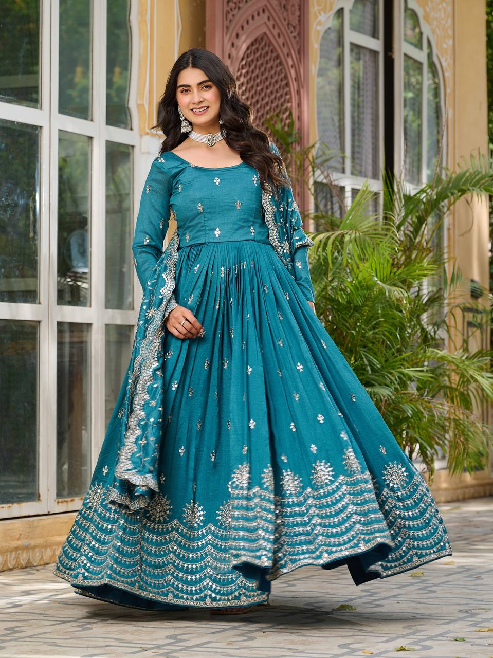 Ceremony Wear Teal Green Color Pure Vichitra Silk And Sequence Embroidery Work Gown