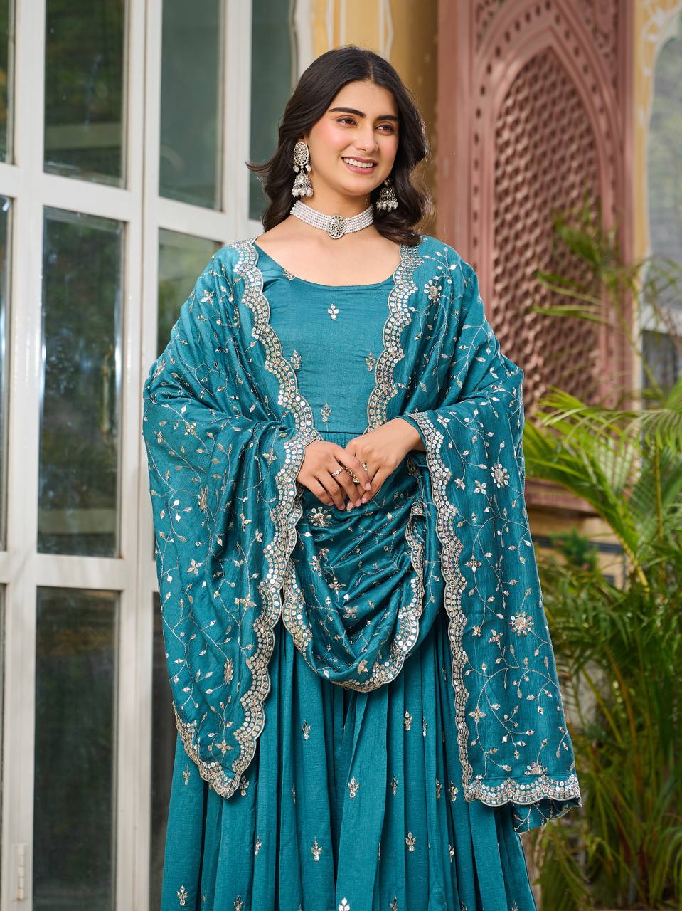 Ceremony Wear Teal Green Color Pure Vichitra Silk And Sequence Embroidery Work Gown
