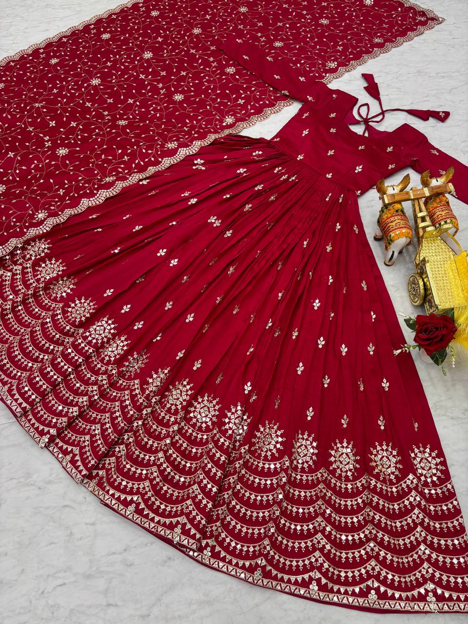 Ceremony Wear Rose Red Color Pure Vichitra Silk And Sequence Embroidery Work Gown