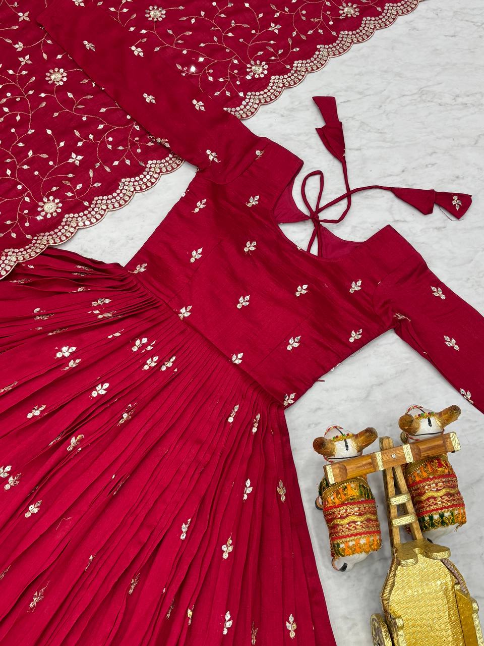 Ceremony Wear Rose Red Color Pure Vichitra Silk And Sequence Embroidery Work Gown