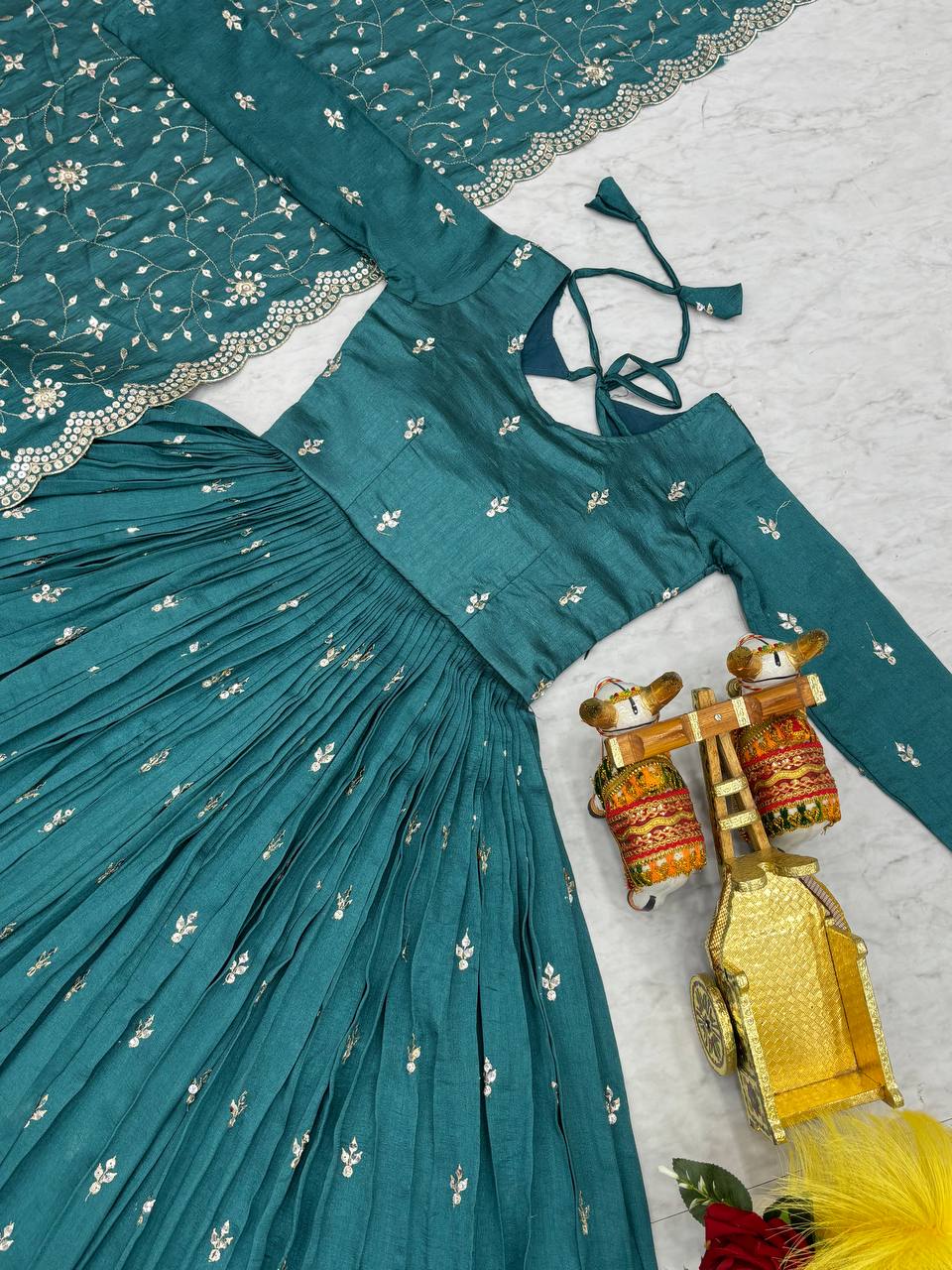 Ceremony Wear Teal Green Color Pure Vichitra Silk And Sequence Embroidery Work Gown