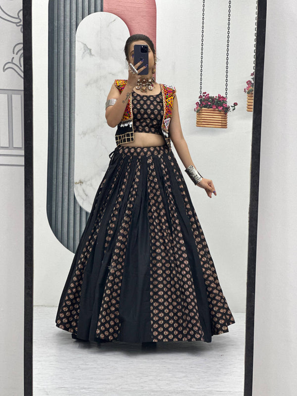 Navratri Special Black Color Cotton Lehenga Choli with Jacket | 6 Meter Flair | Festive Garba Outfit