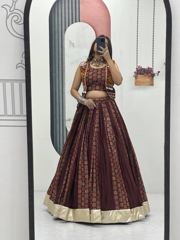 Navratri Special Brown Color Cotton Lehenga Choli with Jacket | 6 Meter Flair | Festive Garba Outfit
