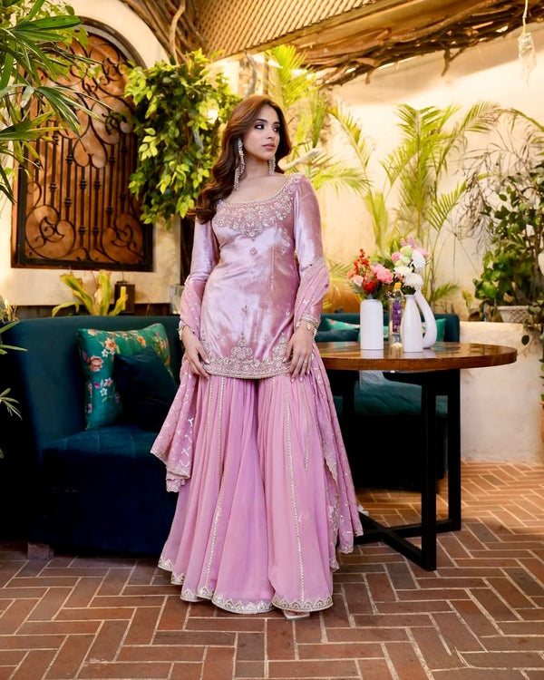 Beautiful Pink Color Embroidered Designer Sharara Suit
