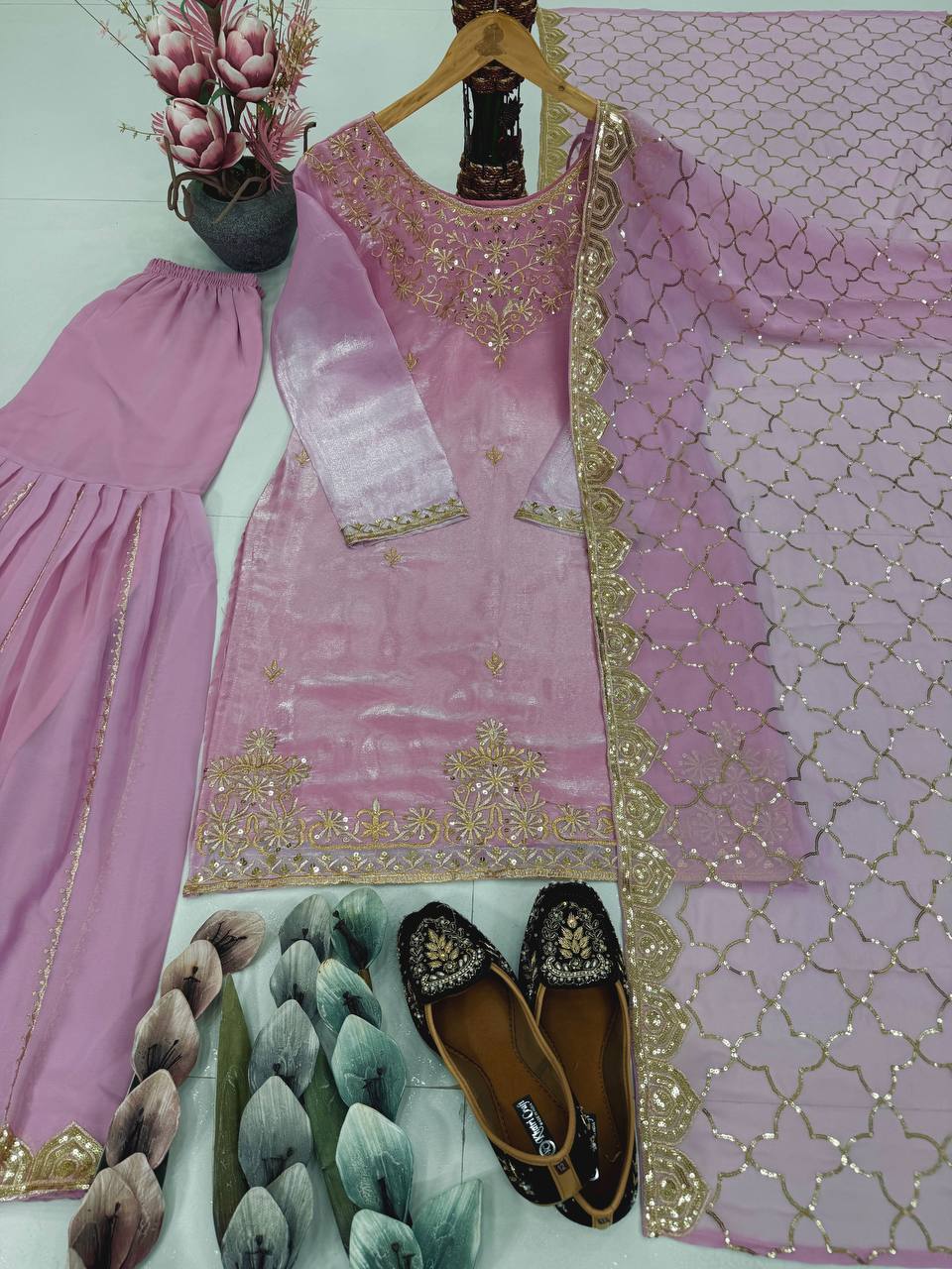 Beautiful Pink Color Embroidered Designer Sharara Suit