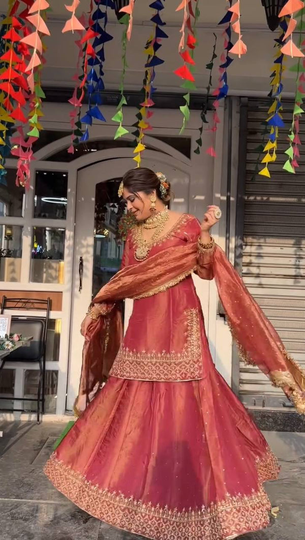 Gorgeous Orange Color Embroidered Top WIth Designer Lehenga