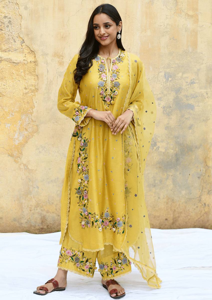 Festive Wear Yellow Color Heavy Embroidered Sequin Work Designer Palazzo Suit