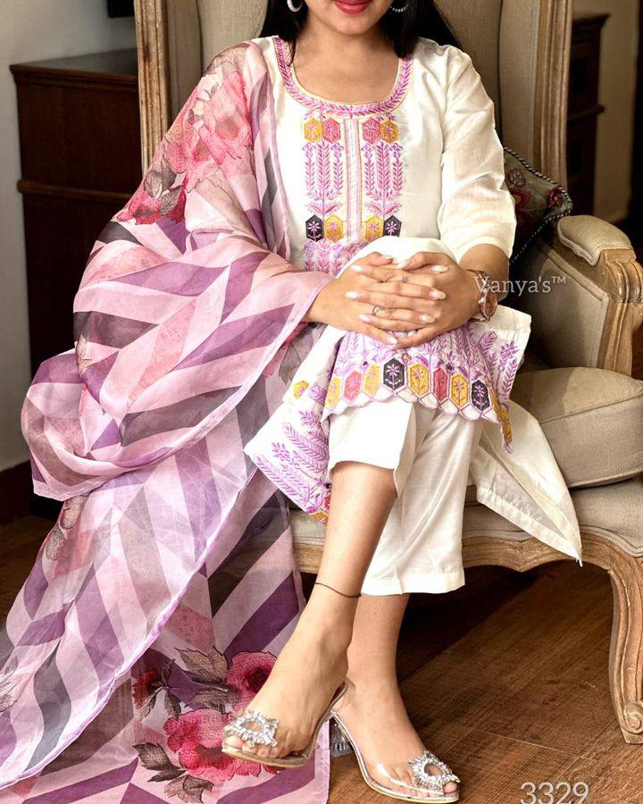 Captivating Off White Color Embroidered Work And Chanderi Silk Kurta Set With Printed Dupatta