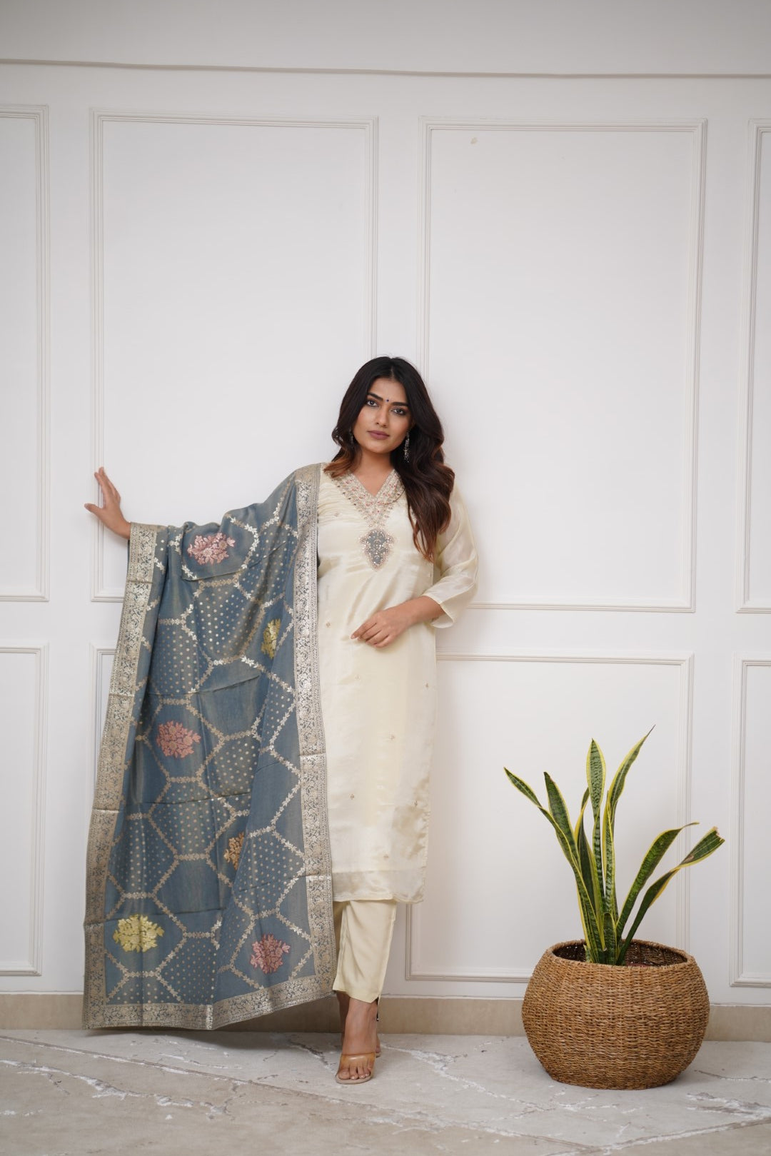 Wedding Wear Off White Color Embroidered Work With Chanderi Silk Beautiful Kurta Set