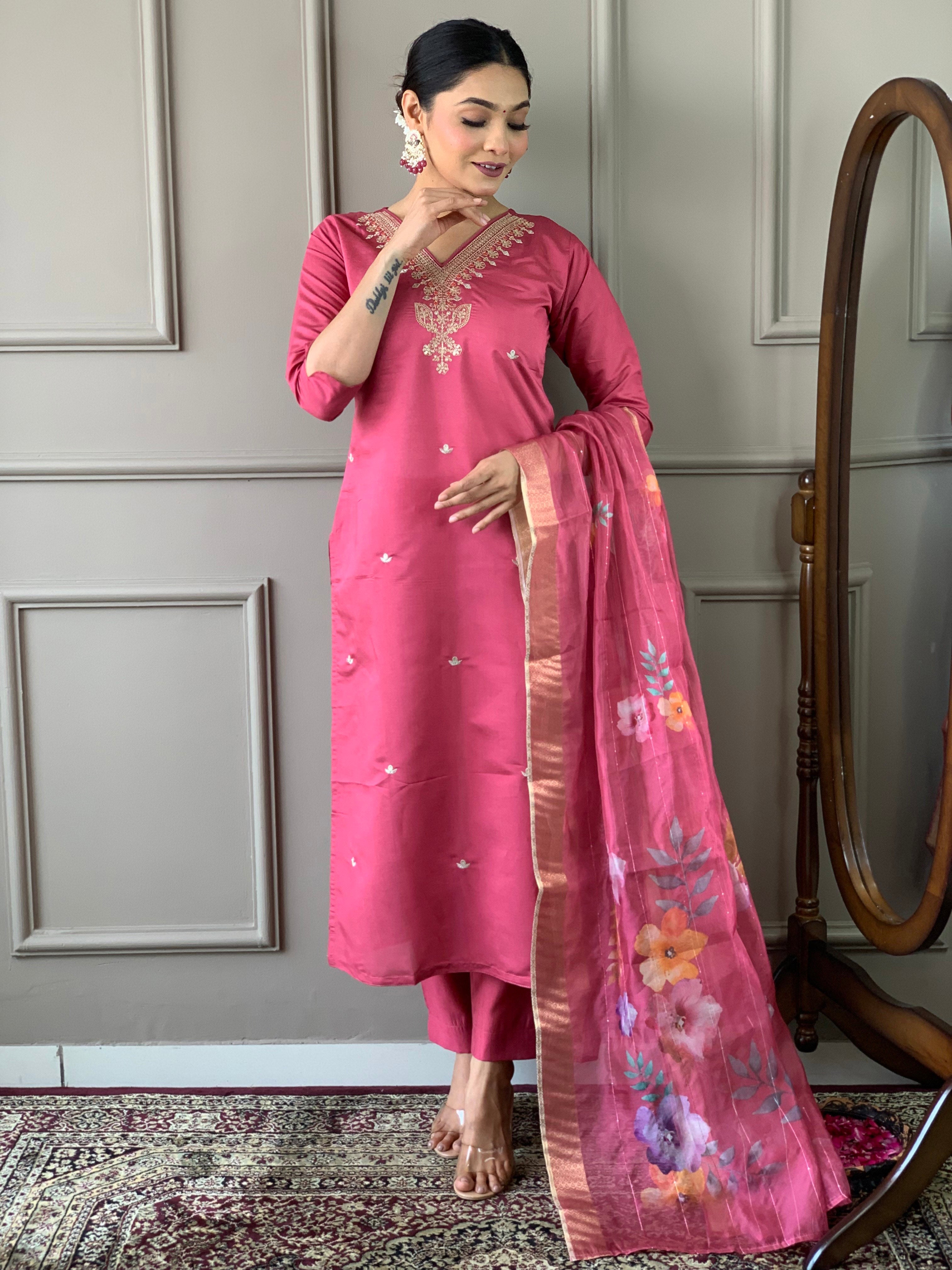 Alluring Pink Color Viscose Chanderi With Embroidery Work Designer Kurta Set