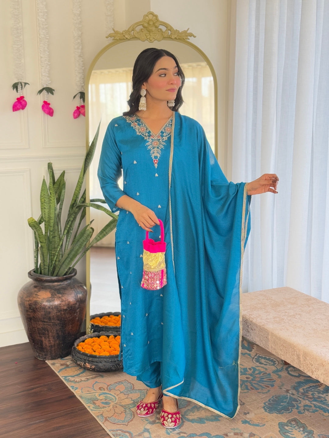 Festive Wear Sky Blue Color Vichitra With Embroidery Work 3 Piece Kurta Set