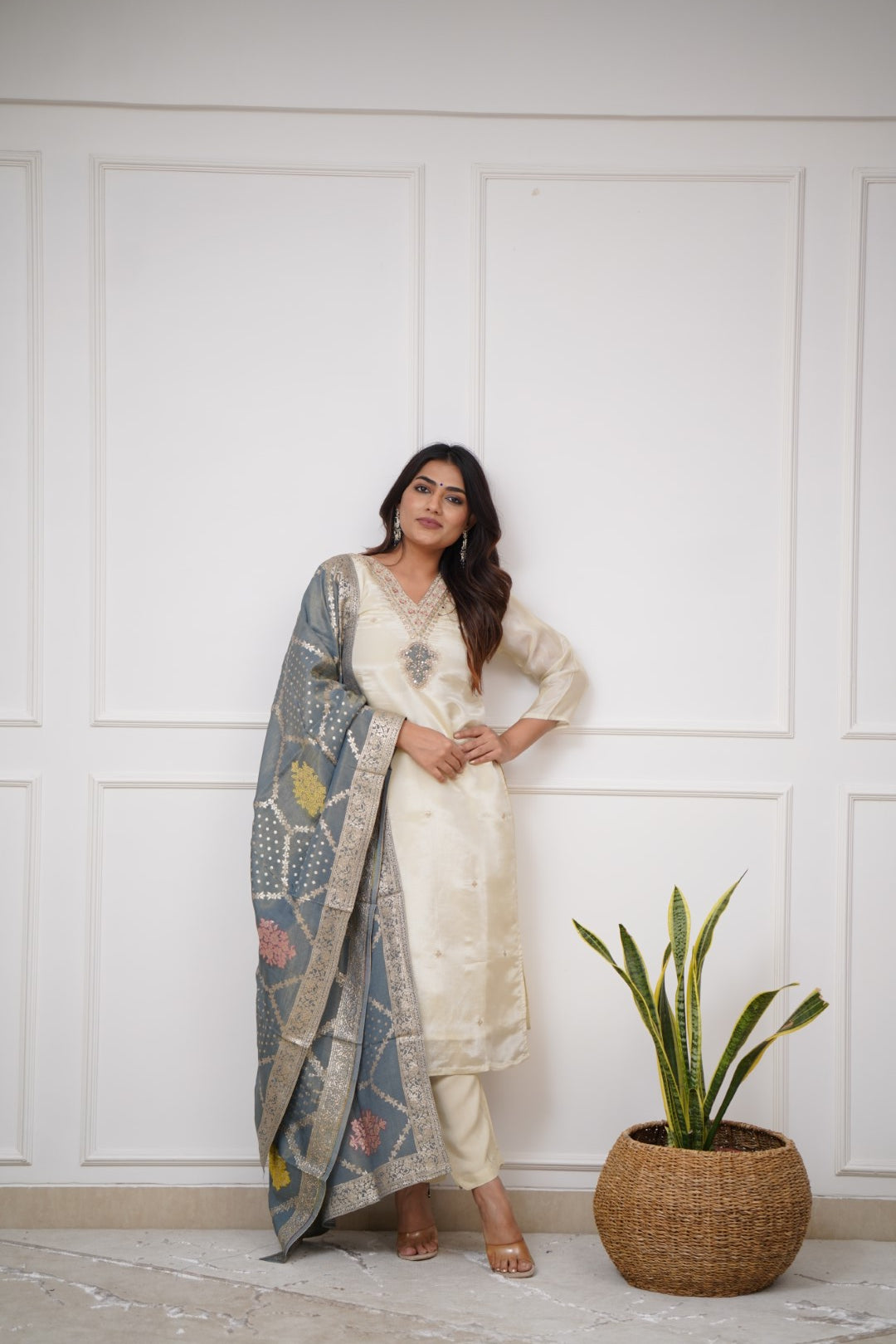 Wedding Wear Off White Color Embroidered Work With Chanderi Silk Beautiful Kurta Set