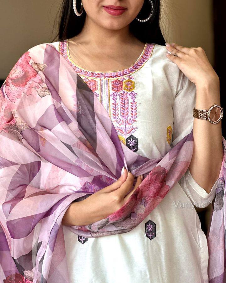 Captivating Off White Color Embroidered Work And Chanderi Silk Kurta Set With Printed Dupatta
