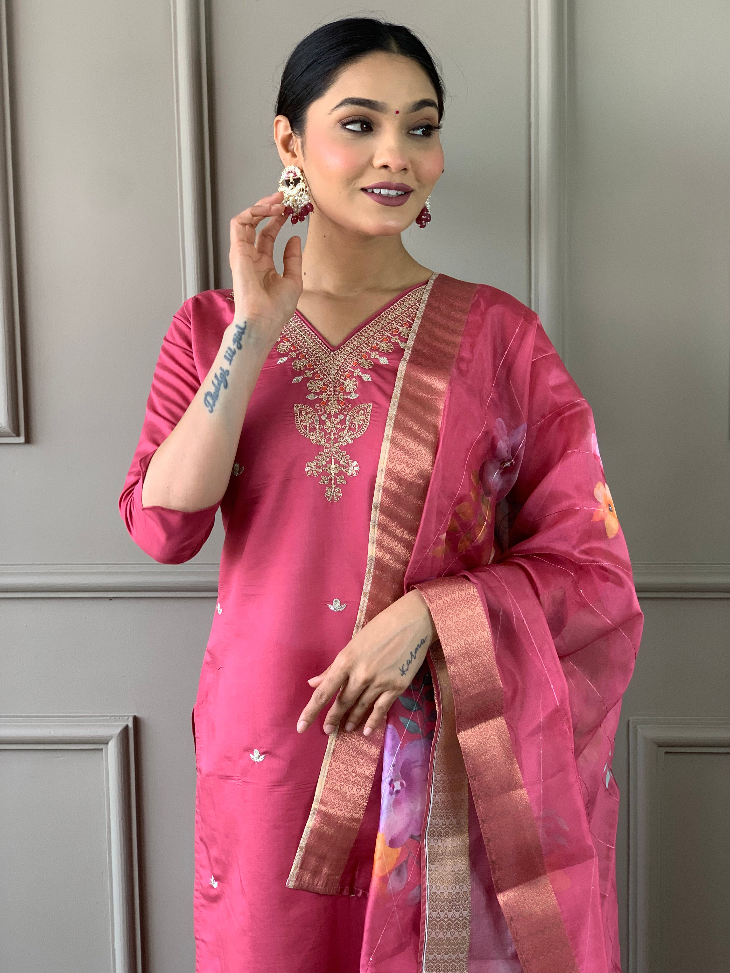 Alluring Pink Color Viscose Chanderi With Embroidery Work Designer Kurta Set