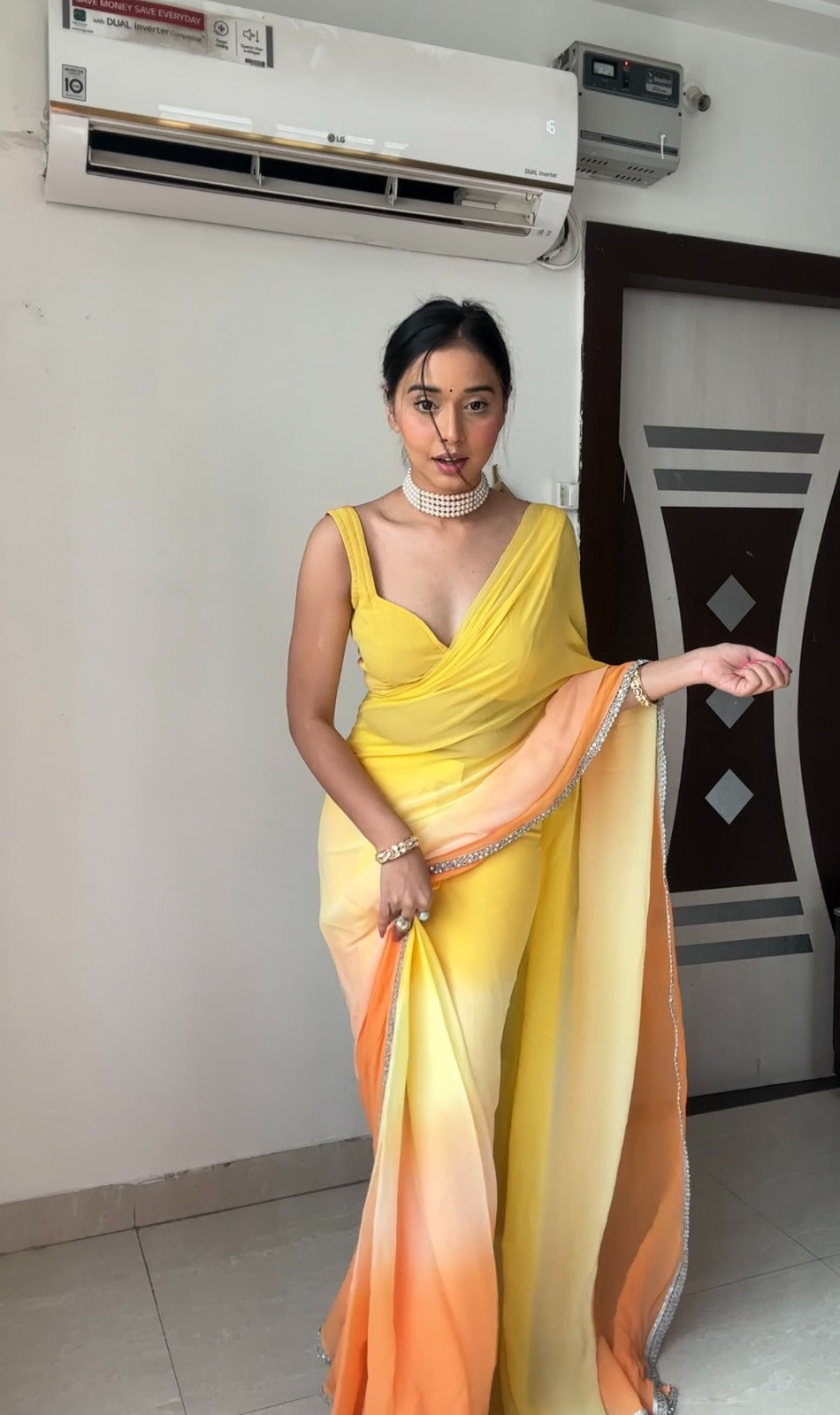 Fashionable Yellow Color Ready To Wear Saree