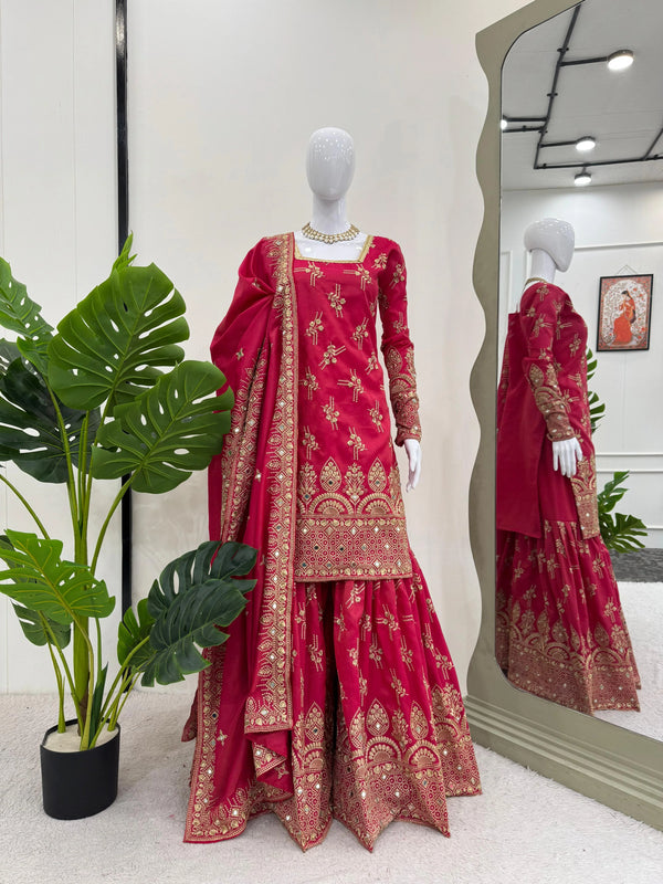 Yankita Kapoor Desiger Pink Color Pure Heavy Simmer Silk With Heavy Embroidery Sequence Work Sharara Suit