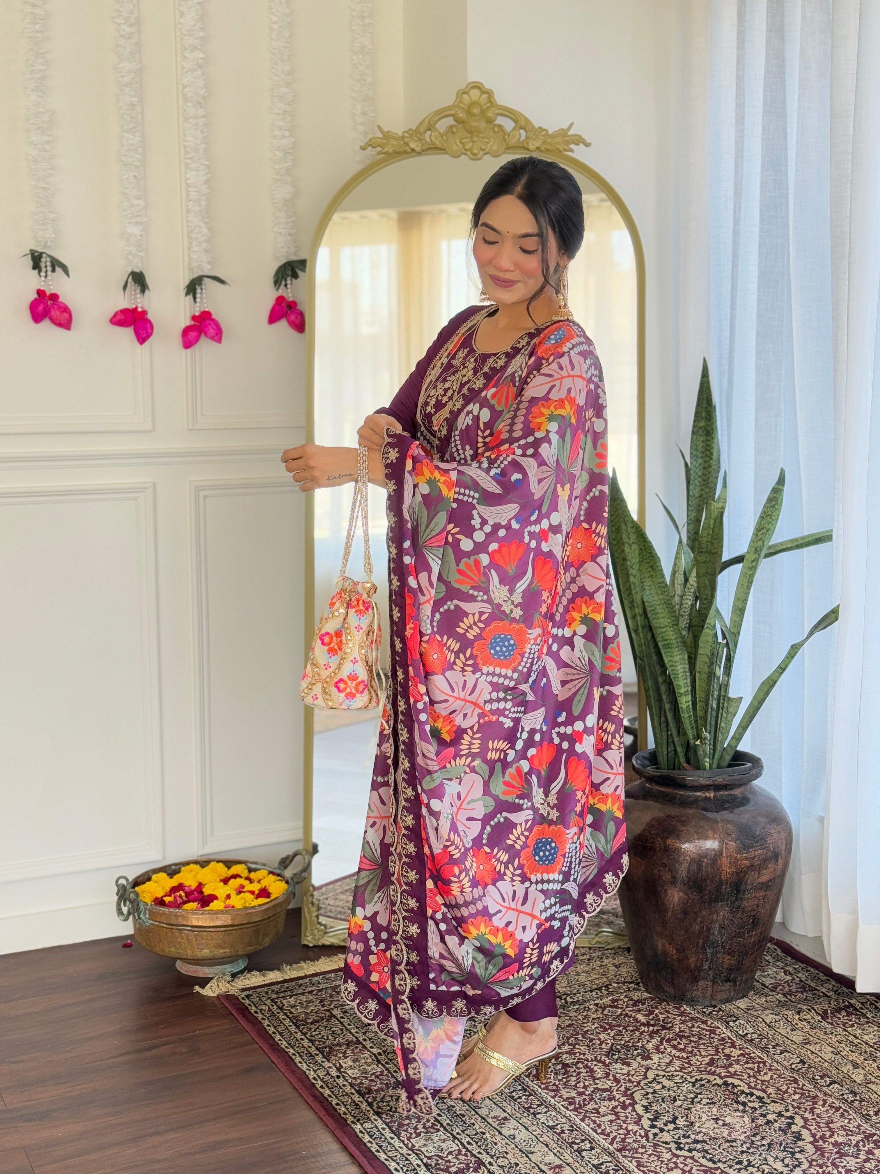 Stunning Wine Color Viscose Chanderi With Embroidery Work Designer kurta Set