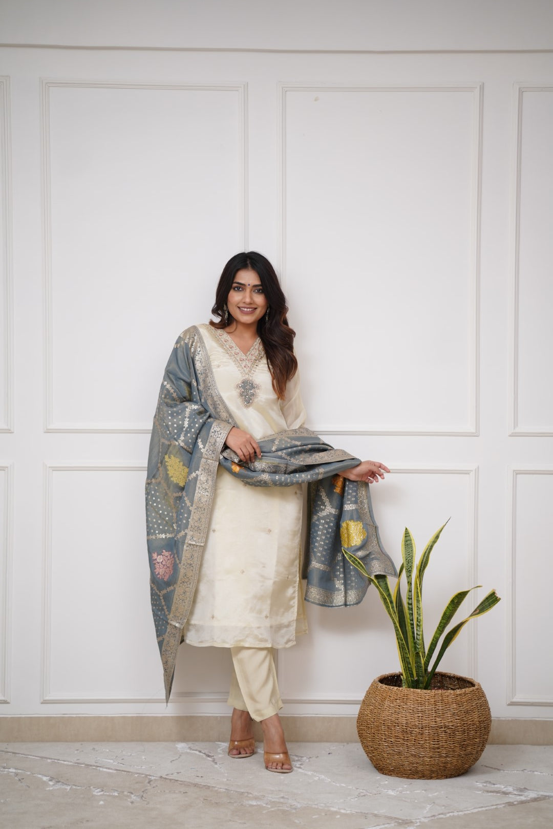 Wedding Wear Off White Color Embroidered Work With Chanderi Silk Beautiful Kurta Set