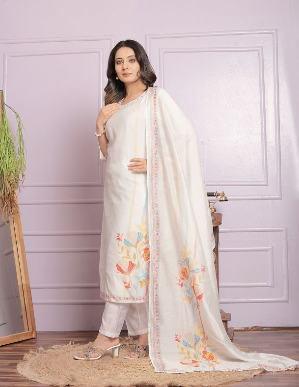 Exclusive White Hand Work With Printed Kurti Set