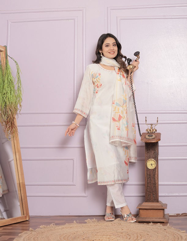 Exclusive White Hand Work With Printed Kurti Set