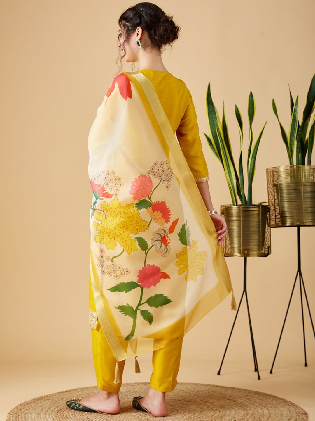 Party Wear Yellow Color Chinon Viscose With Work Designer Kurta Set