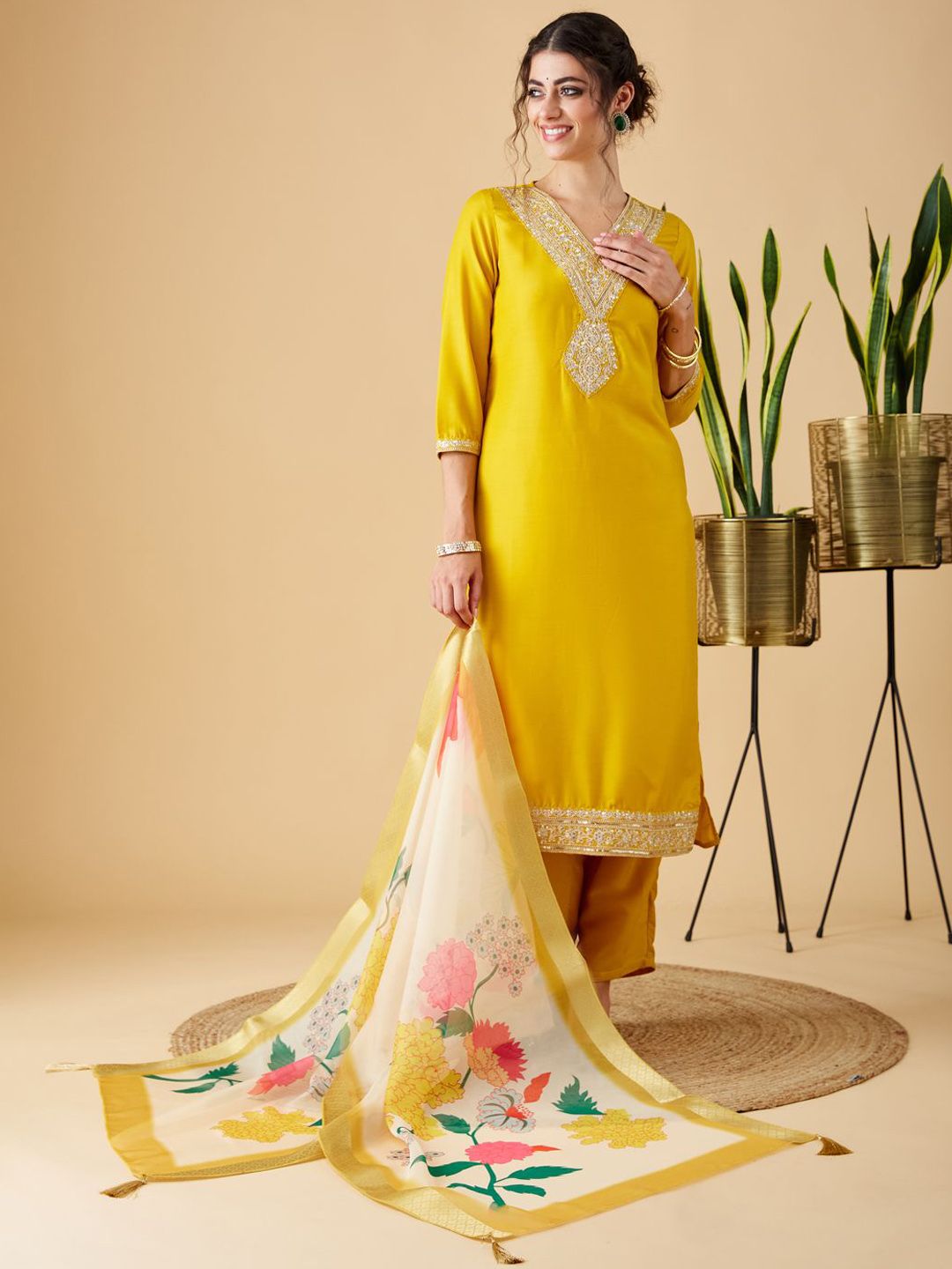 Party Wear Yellow Color Chinon Viscose With Work Designer Kurta Set